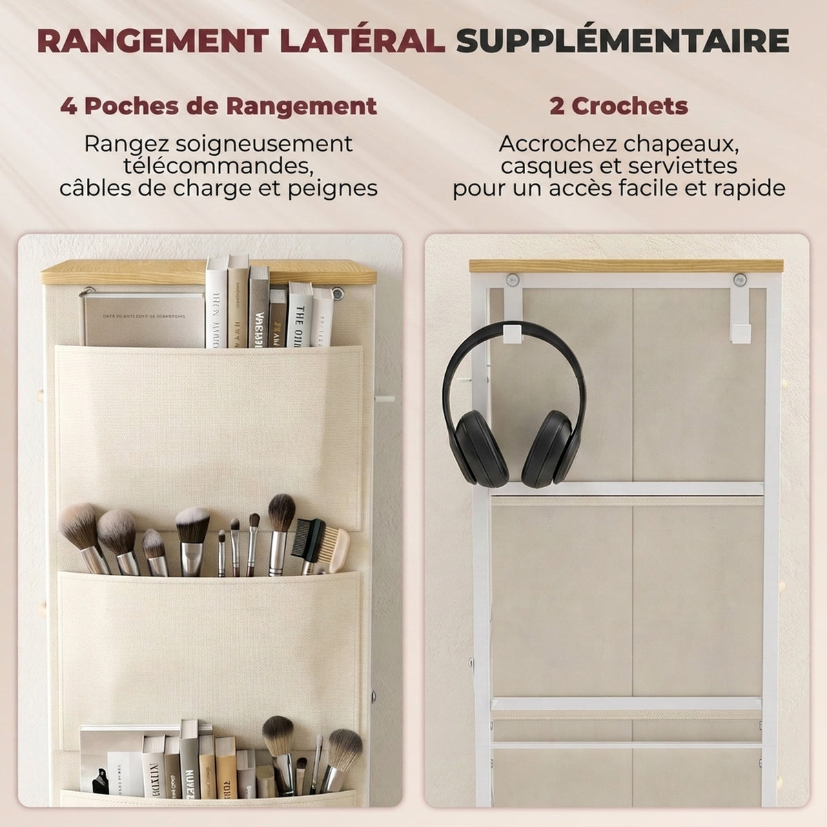 Cassettiera a 10 cassetti in tessuto, mobile contenitore con 4 tasche, 2 ganci, struttura in acciaio, 80 x 30 x 94,5 cm, beige