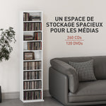 Rangements pour CD et DVD 9 compartiments et 6 étagères réglables capacité max. 260 CD/120 DVD 33 x 24 x 140 cm blanc