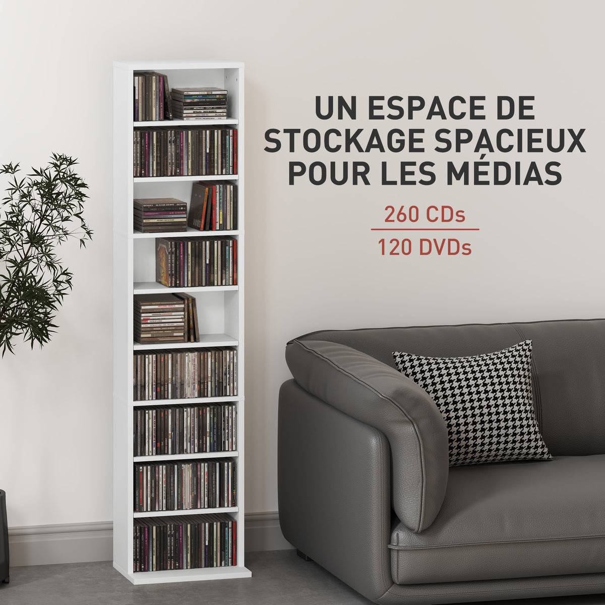 Rangements pour CD et DVD 9 compartiments et 6 étagères réglables capacité max. 260 CD/120 DVD 33 x 24 x 140 cm blanc