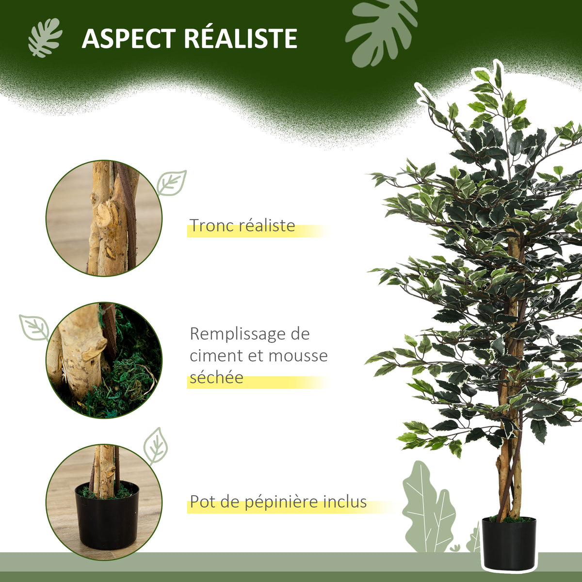Plante artificielle ficus tronc branches liane lichen feuilles grand réalisme pot inclus hauteur 1,3 m