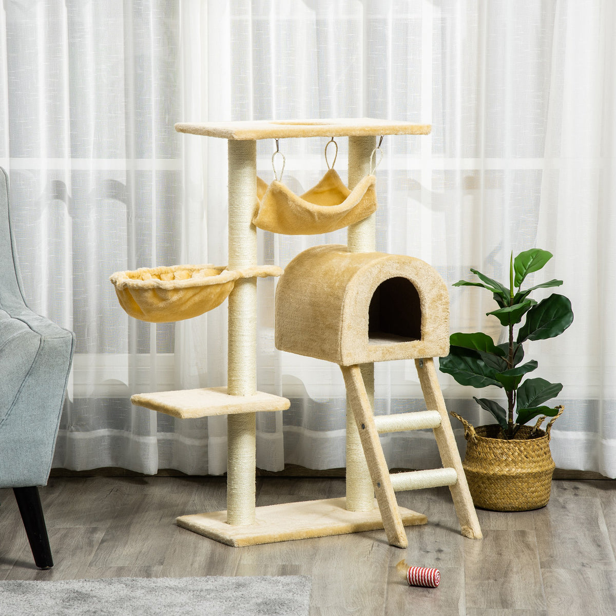Krabpaal krabmeubel stabiele klimboom met meerdere niveaus activiteitencentrum hoogte 98 cm beige