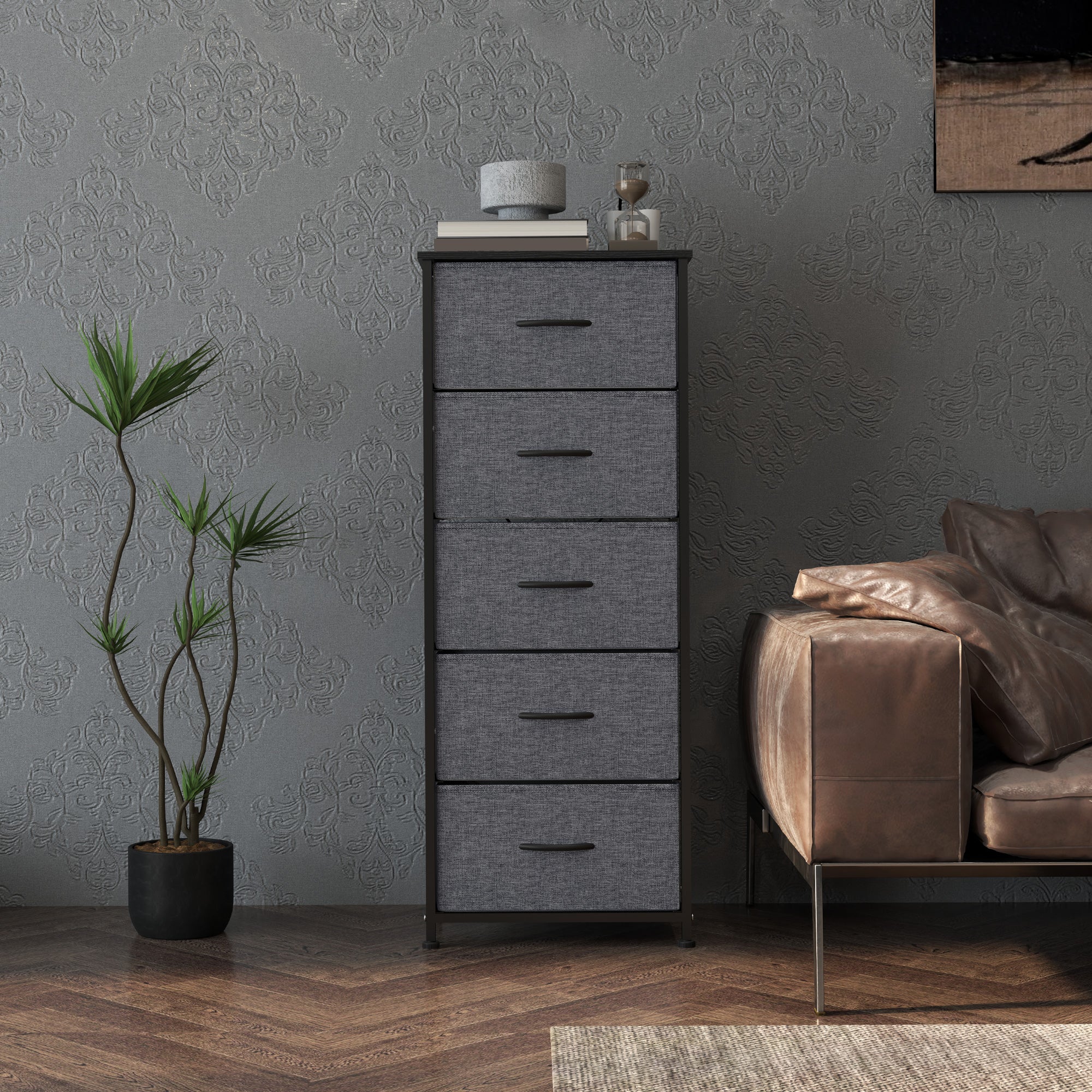 Kommode mit 5 Schubladen, Aufbewahrungsmöbel mit faltbaren Stoffschubladen – schwarzes Stahlgestell – 45 x 30 x 116 cm dunkelgrau