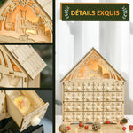 Calendario dell'Avvento in legno da riempire, decorazione natalizia con 24 cassetti e 5 luci LED, 26,6x6x30cm, legno naturale