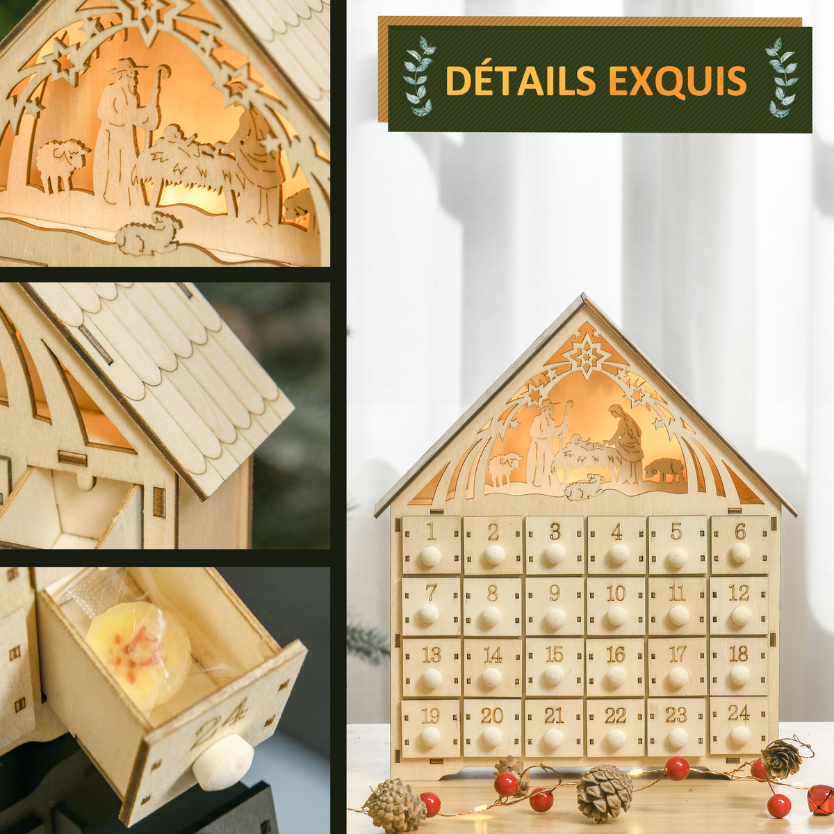Calendario dell'Avvento in legno da riempire, decorazione natalizia con 24 cassetti e 5 luci LED, 26,6x6x30cm, legno naturale