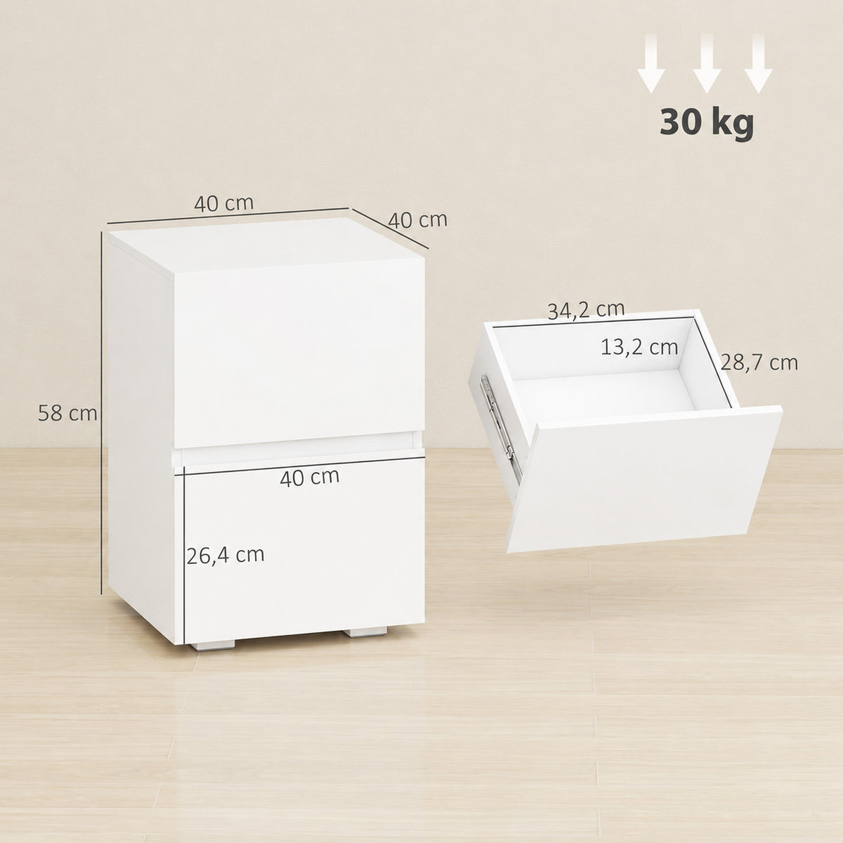 Set di 2 Comodini, Tavolini con 2 Cassetti, Frontali Lucidi, Ampio Piano, 40x40x58cm, Bianco