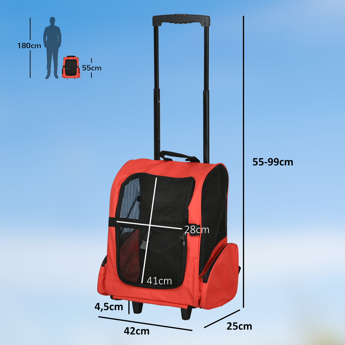 Sac de transport à roulettes pour chien 2 en 1 trolley chariot sac à dos pour chien chat avec poignée téléscopique, sacs de rangement, aérations, attache de sécurité, 42 x 25 x 55 cm, rouge
