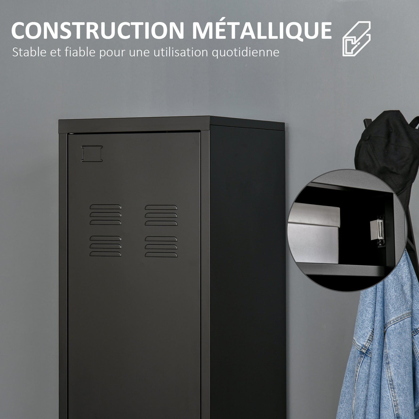 Armoire de Rangement compacte en métal casier style industriel avec 3 étagères, 1 tringle 43L x 50l x 180H cm