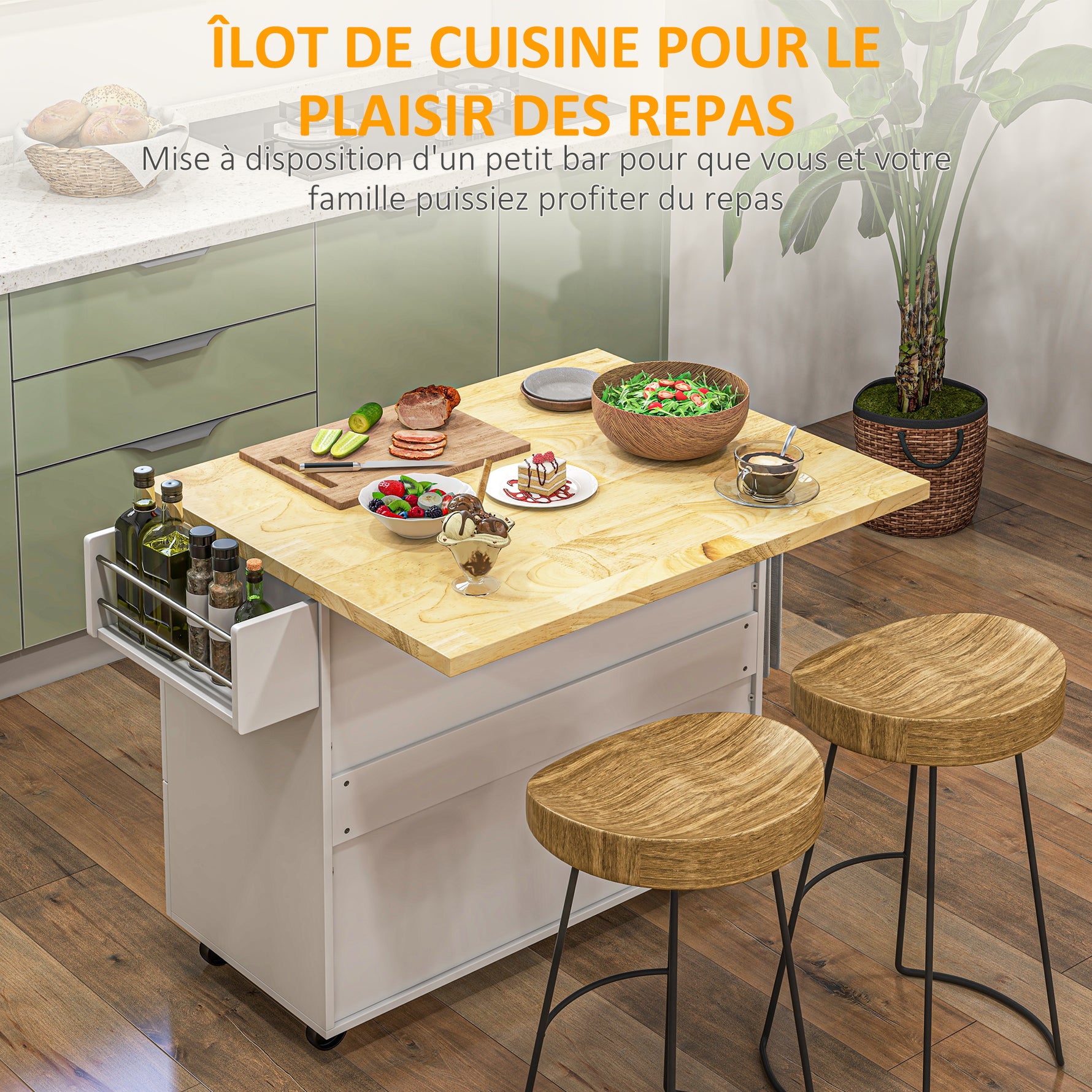 Desserte îlot de cuisineplateau rabattable 3 tiroirs 1 placard porte-torchons et porte-épices 111,5 x 75 x 89 cm blanc
