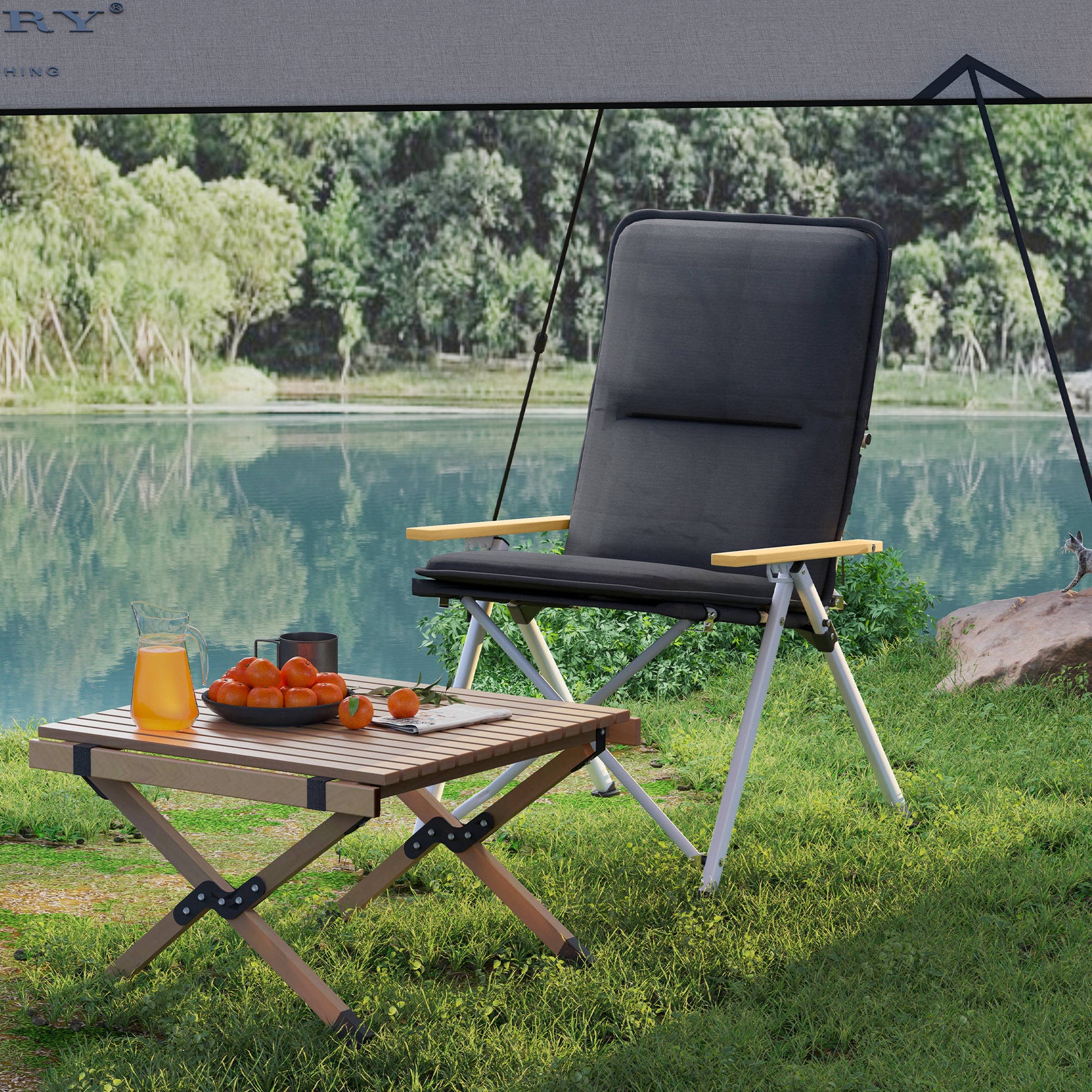 Chaise de camping chaise de pêche pliante, dossier haut, coussin amovible et sac de transport, 59x67x96cm, noir