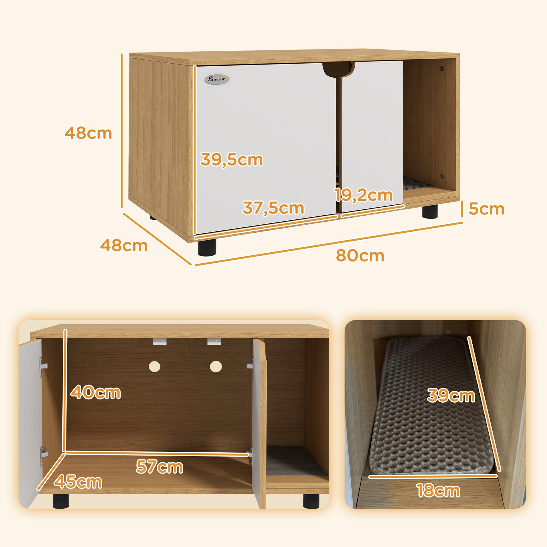 Meuble à litière maison de toilette sur pieds pour chat 2 en 1 portes style scandinave 80 x 48 x 48 cm naturel et blanc