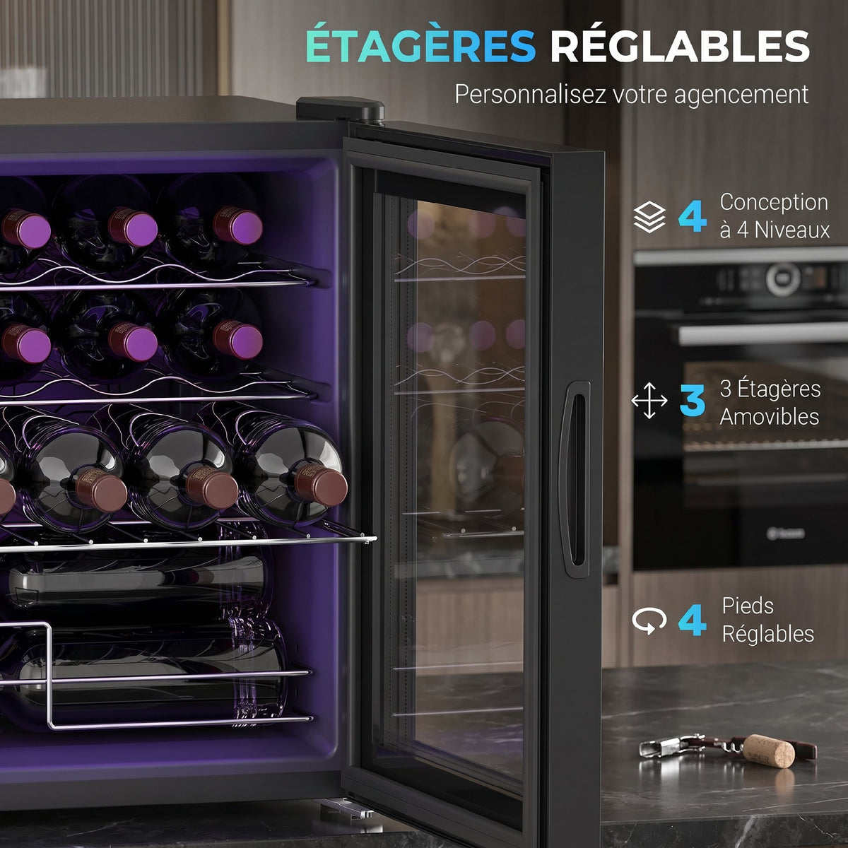 Cave à vin 16 bouteilles 42L, réfrigérateur à vin et boissons avec température réglable 5-18°C, porte en verre, noir