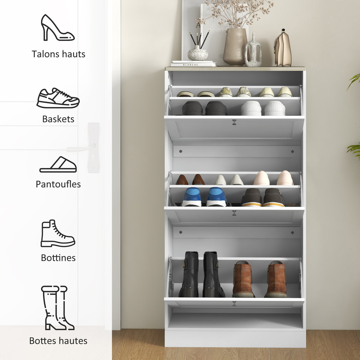 Scarpiera stile scandinavo 3 ante a ribalta 18 paia di scarpe 60 x 23,5 x 115 cm bianco effetto legno
