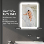 Miroir de salle de bain rectangulaire LED fonction anti-buée luminosité réglable fonction mémoire 70 x 50 cm argent