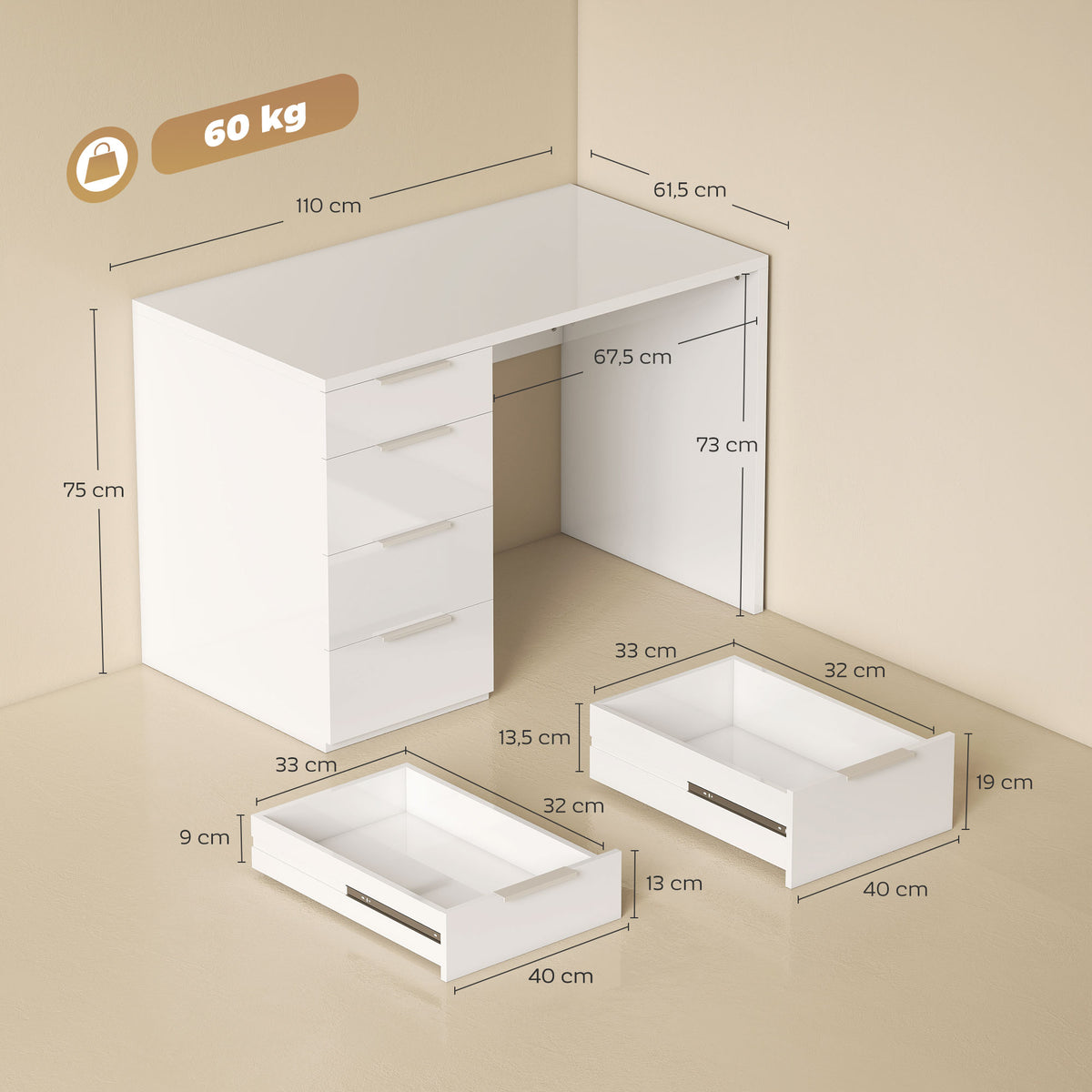 Bureau d'ordinateur à haute brillance avec 4 tiroirs, 110 x 60 cm, bureau avec rangement, style moderne, blanc