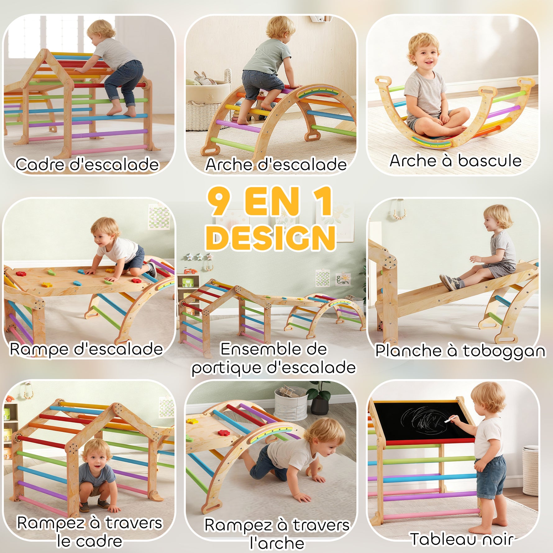 Triangle d'escalade enfant avec rampe réversible toboggan bascule et structure d'escalade multicolore