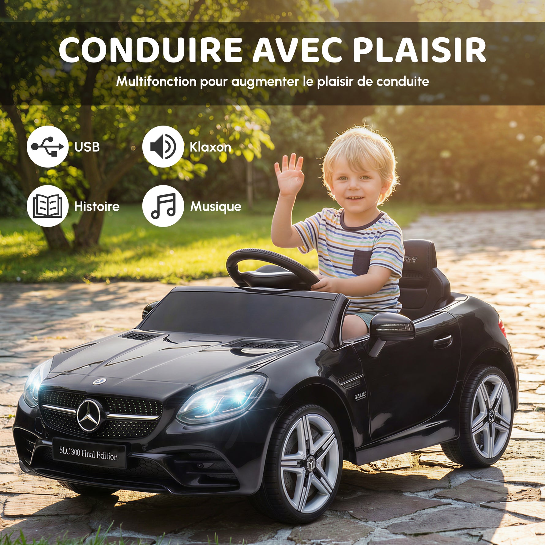 Voiture électrique enfants licence Mercedes SLC 300 12V V. Max. 5 Km/h effets sonores lumineux télécommande noir