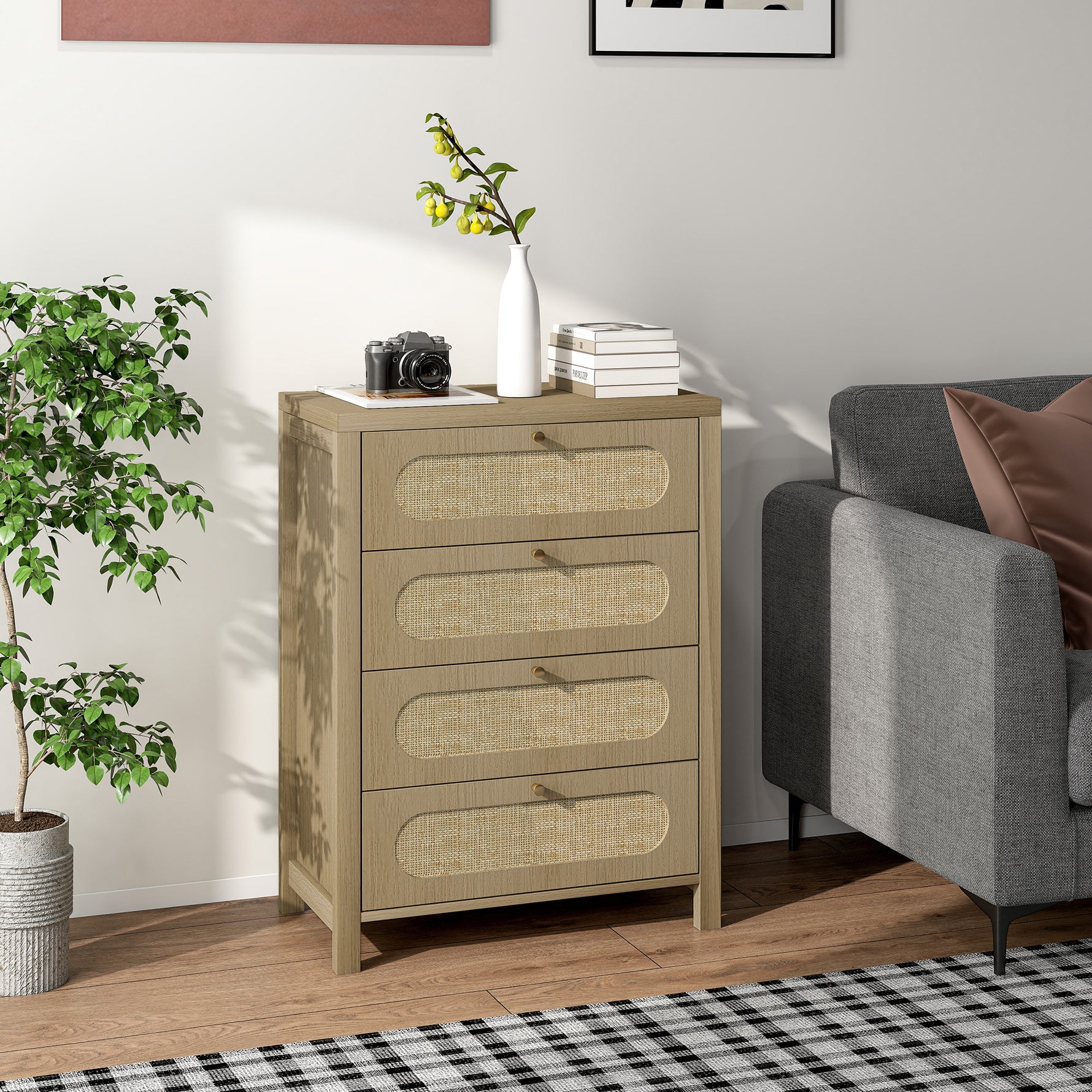 Commode 4 tiroirs meuble de rangement style bohémienne avec portes résine tressée, 70 x 38 x 93 cm, effet bois naturel