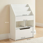 Boekenkast met opbergruimte, 3 planken, 2 nissen, grote lade, hout, wit