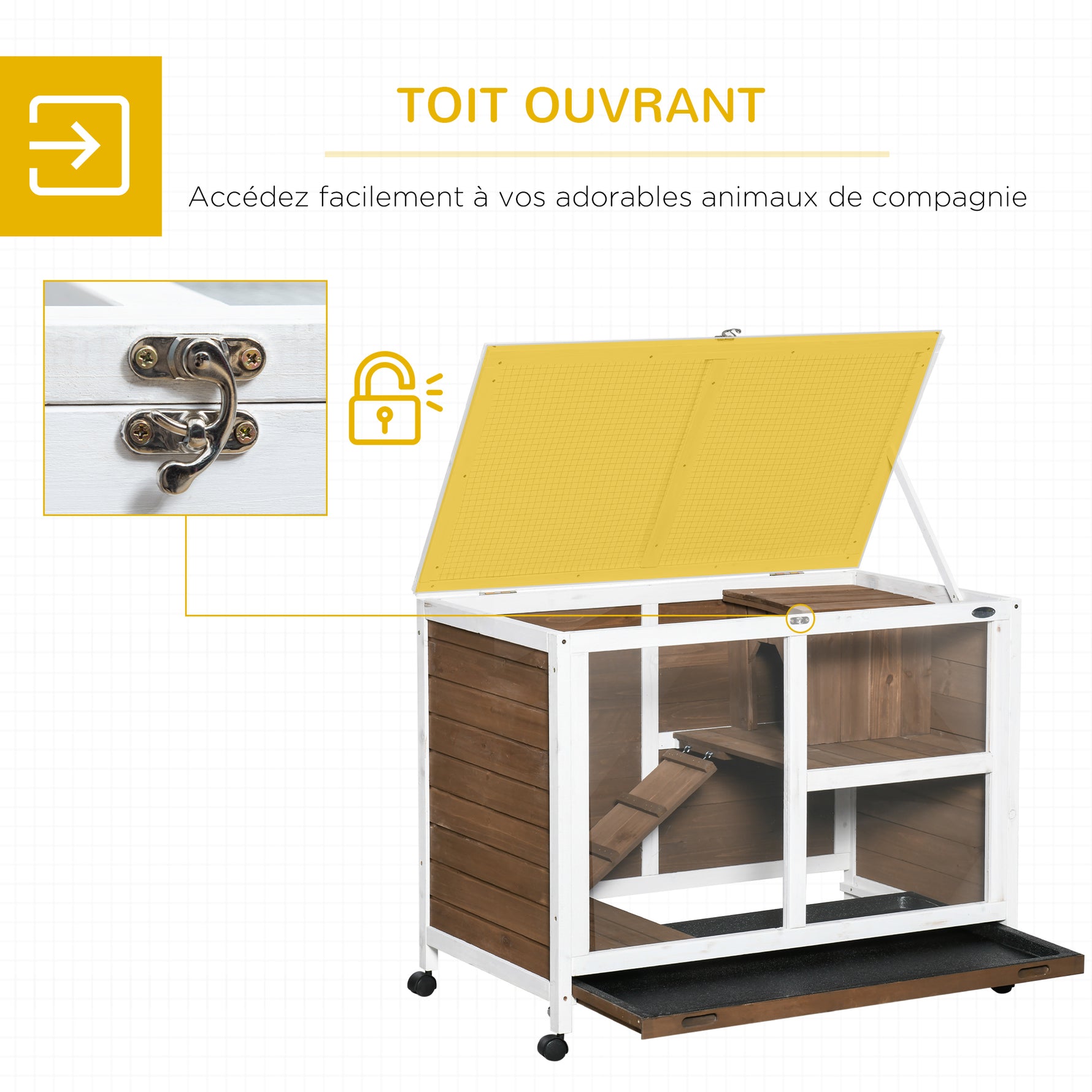 Cage à lapin clapier sur roulettes petit enclos animaux en bois massif 2 étages toit ouvrant 91,5 x 53,3 x 73 cm marron