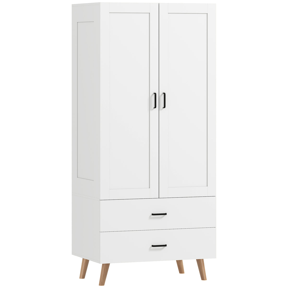 Armoire chambre penderie 2 portes à fermeture douce, 2 tiroirs et barre de suspension, 80x54x180cm, blanc