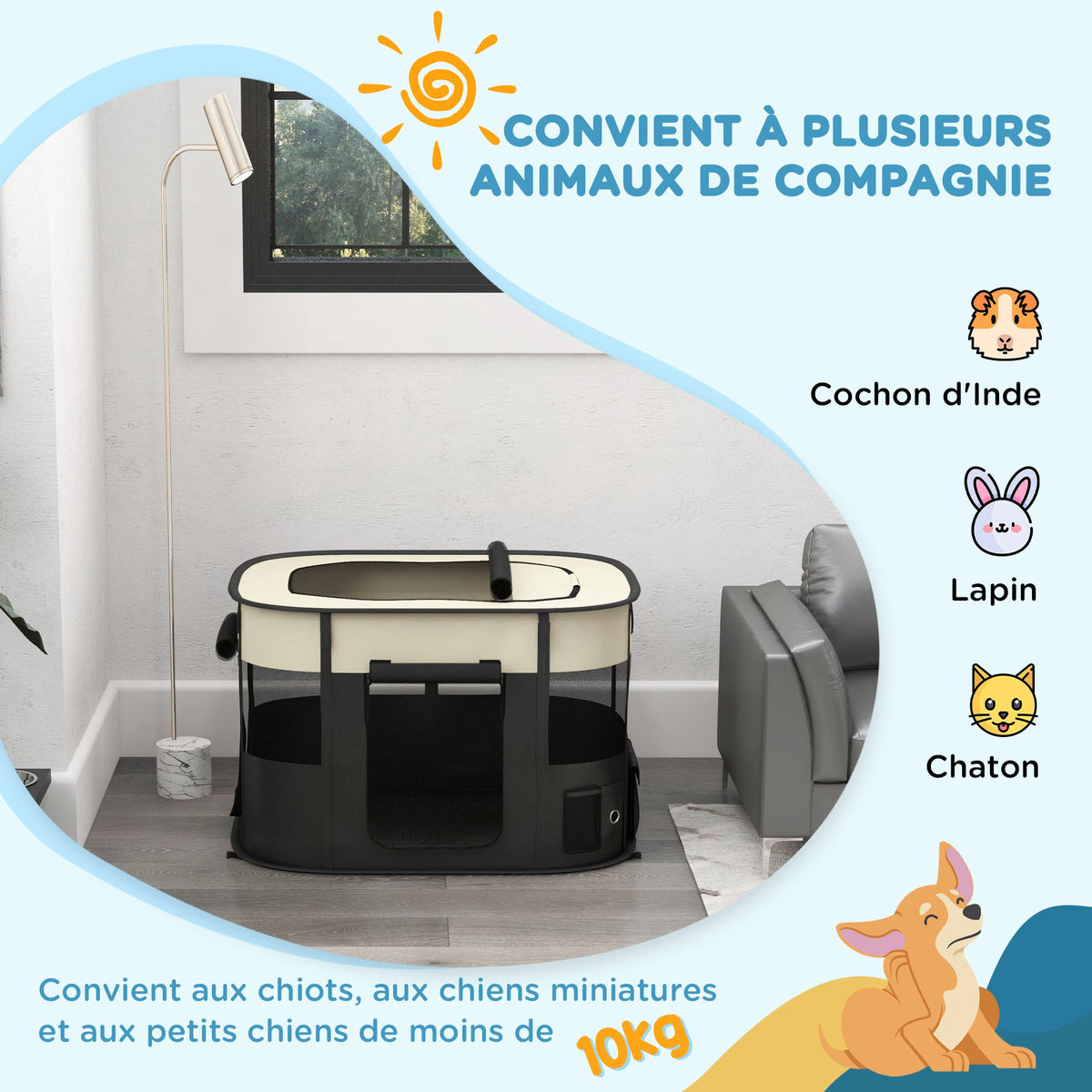 Parc enclos pliable pour chien chat petits animaux en tissu Oxford avec rangement 94 x 74 x 60 cm blanc crème et noir