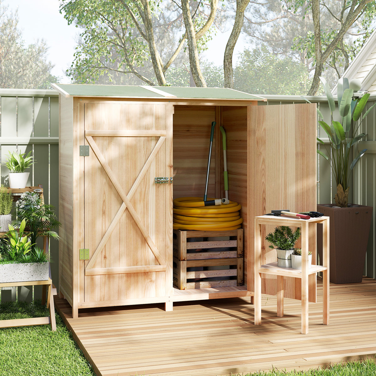 Abri de jardin en bois armoire de jardin en bois avec table, toit en asphalte, 140 x 75 x 157 cm, effet bois naturel