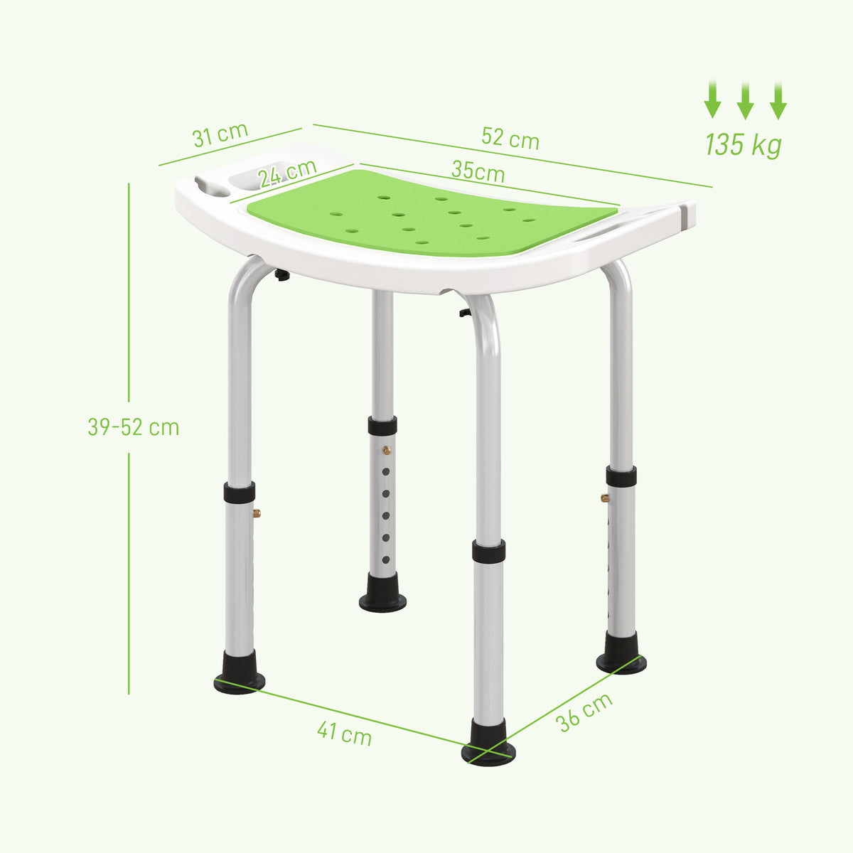 Siège de Douche réglable en Hauteur Tabouret de Douche Ergonomique Pieds antidérapants Charge Max. 135 Kg alu HDPE Vert