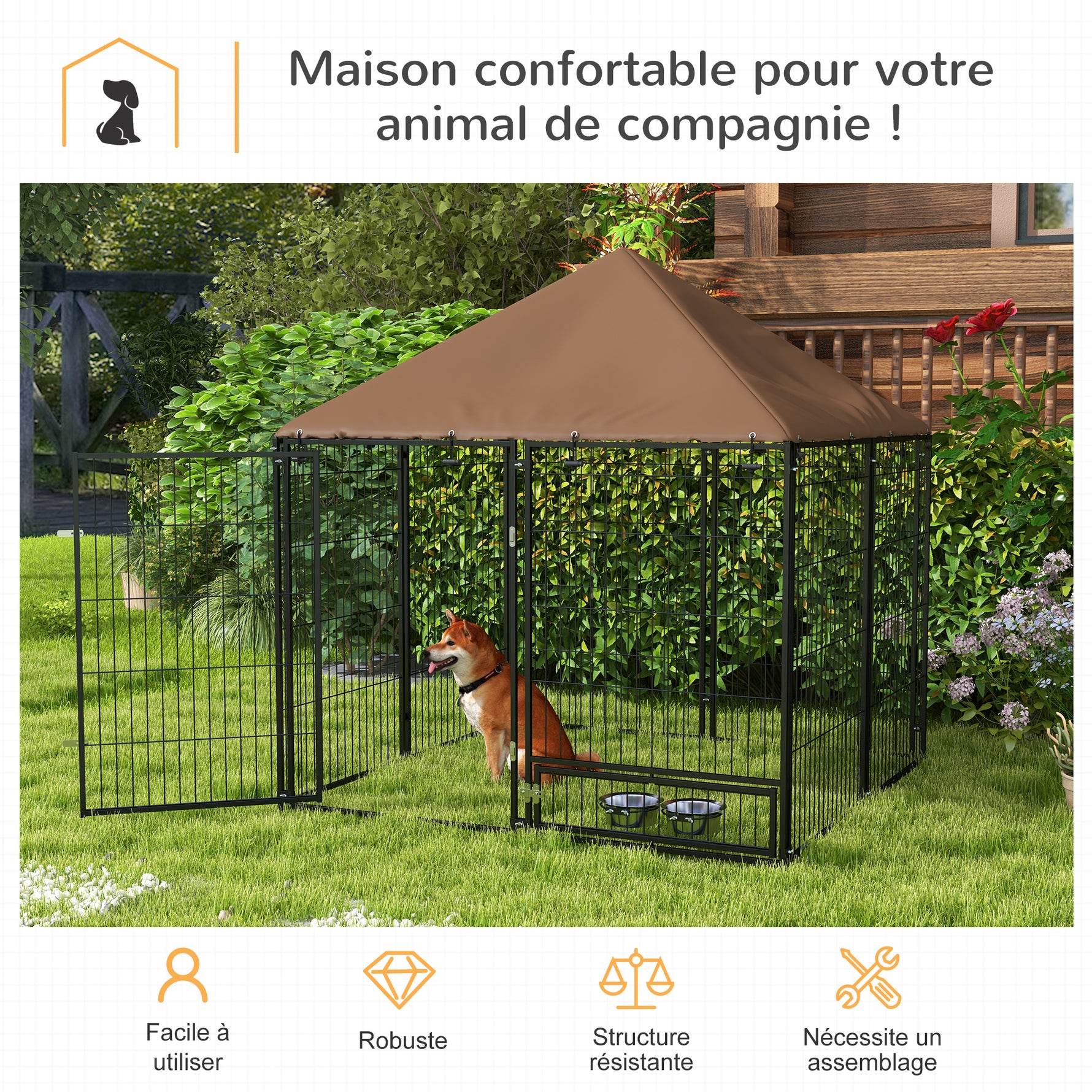 Chenil extérieur pour Chiens en métal et Tissu Oxford Support gamelle et Toit résistant aux intempéries Espace spacieux