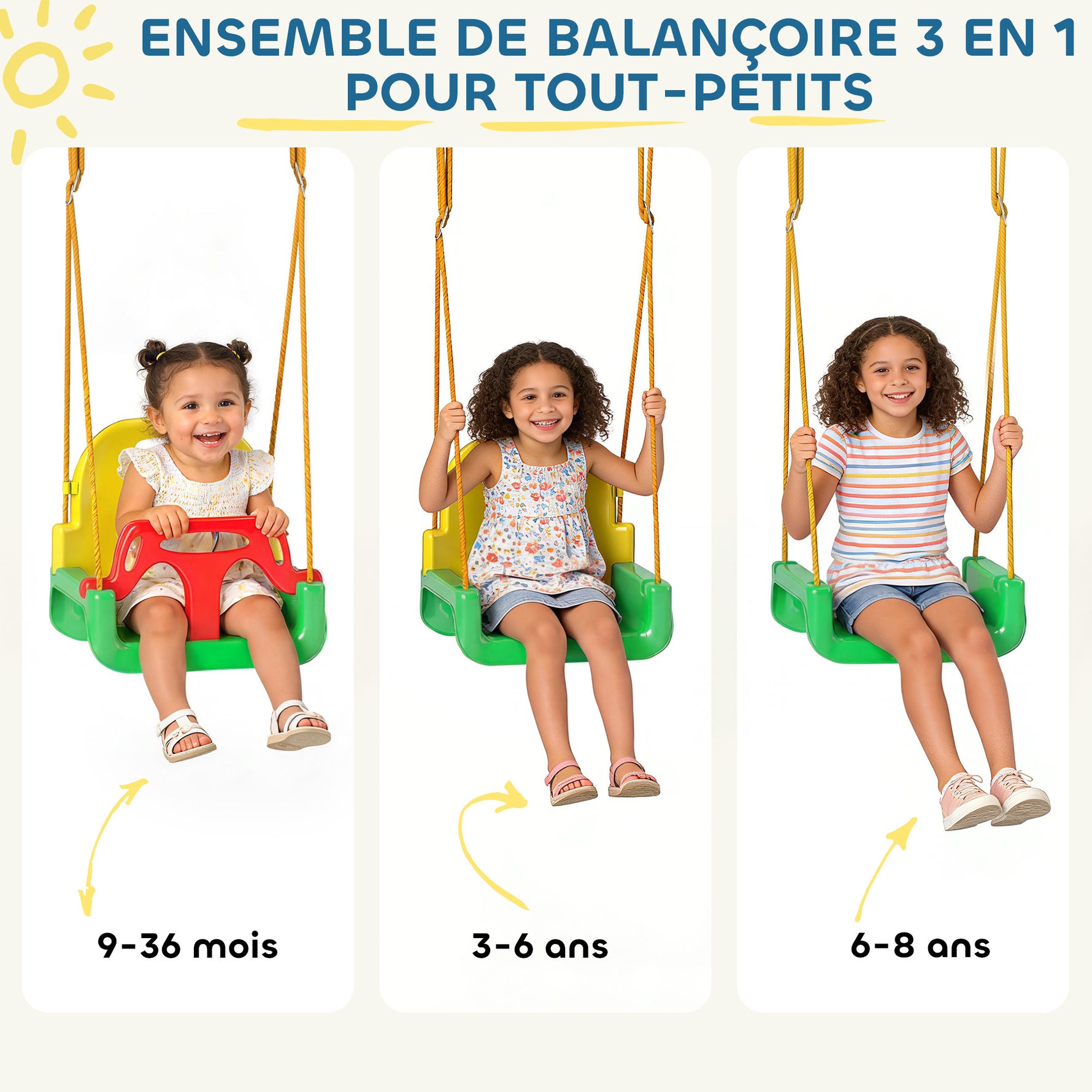 Portique Balançoire Enfants 3-en-1, Balançoire Pliable avec Siège Réglable, Intérieur et Extérieur, Multicolore