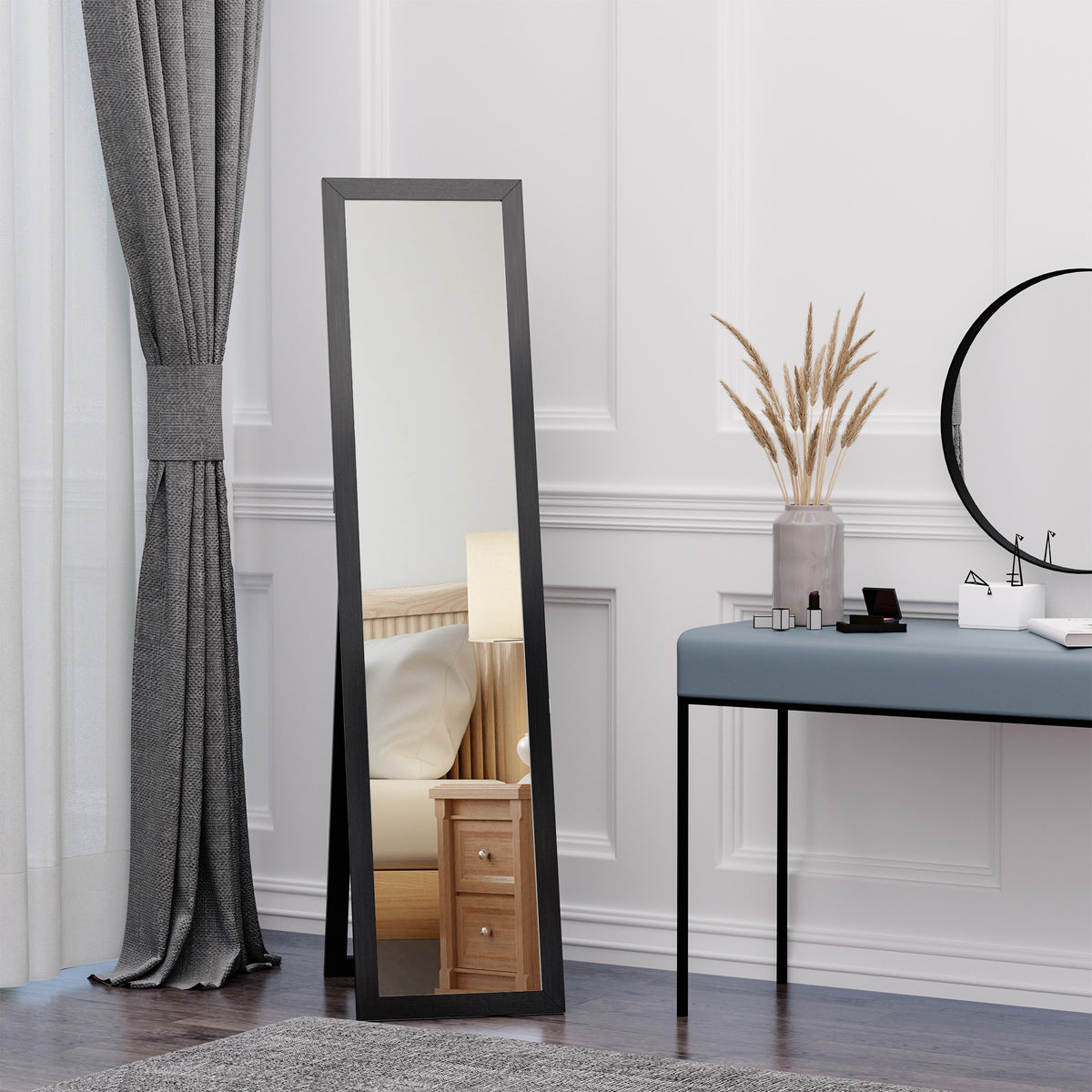 Miroir sur Pied et Mural Rectangulaire, Miroir de Sol Pleine Longueur pour Dressing, Chambre, Salon, 37 x 37 x 154 cm, Noir