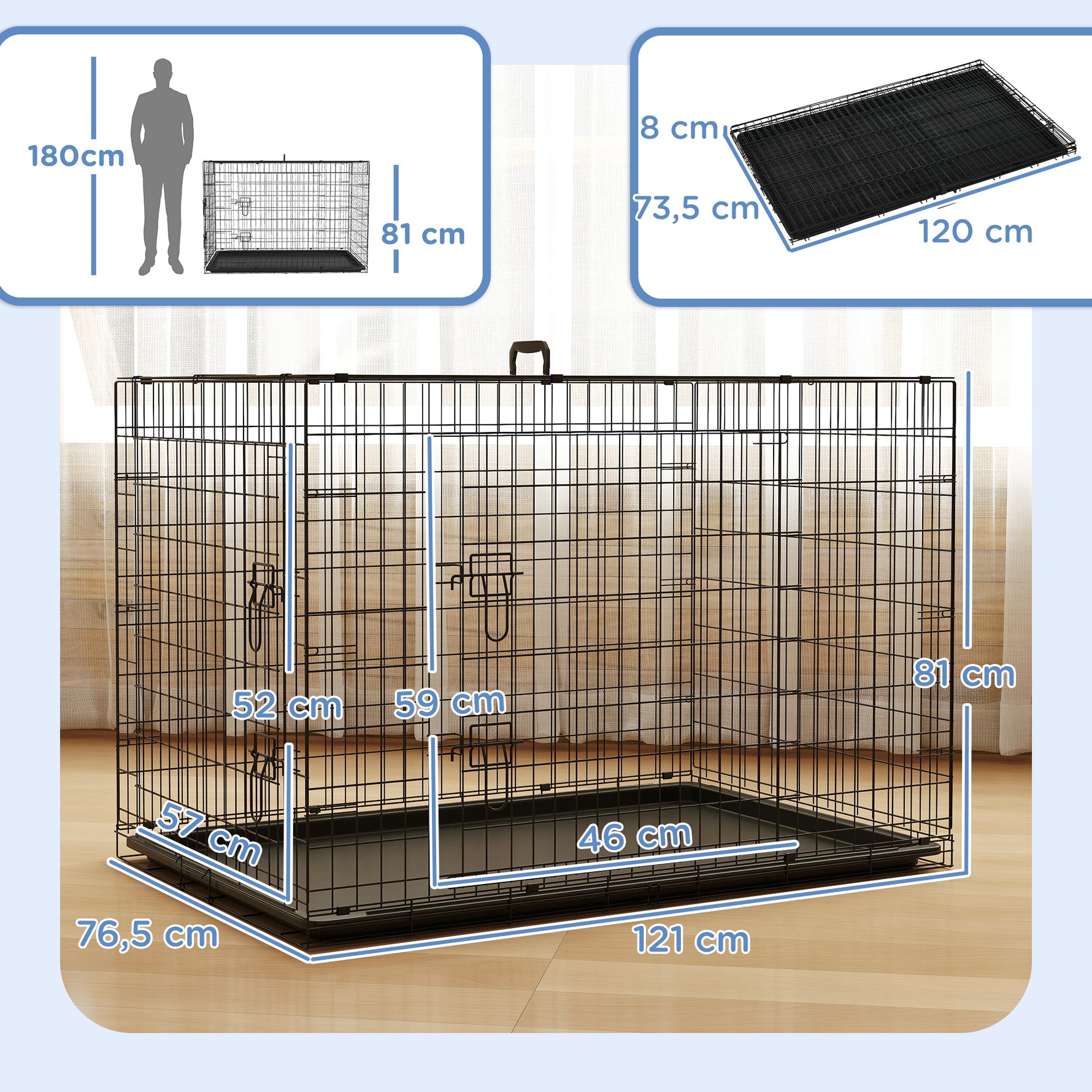 Cage caisse de transport pliante pour chien en acier 2 portes verrouillables 121 x 77 x 82 cm noir