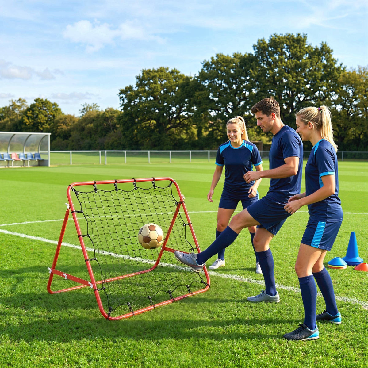 Filet de rebond en métal angle réglable et 20 cordes élastiques pour entraînement de football, tennis, handball 96x80x96