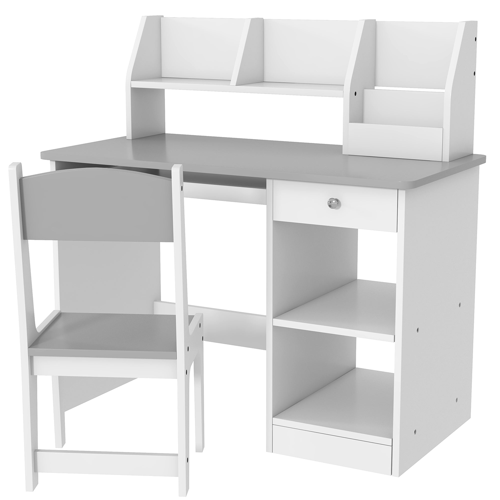 Scrivania per bambini con sedia ergonomica, tastiera estraibile, cassetto, nicchie e ripiani a giorno 90 x 45 x 90 cm grigia