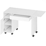 Bureau d'ordinateur sur roulettes, table informatique avec abattant, tiroir, placard et compartiment, 130 x 58 cm, blanc
