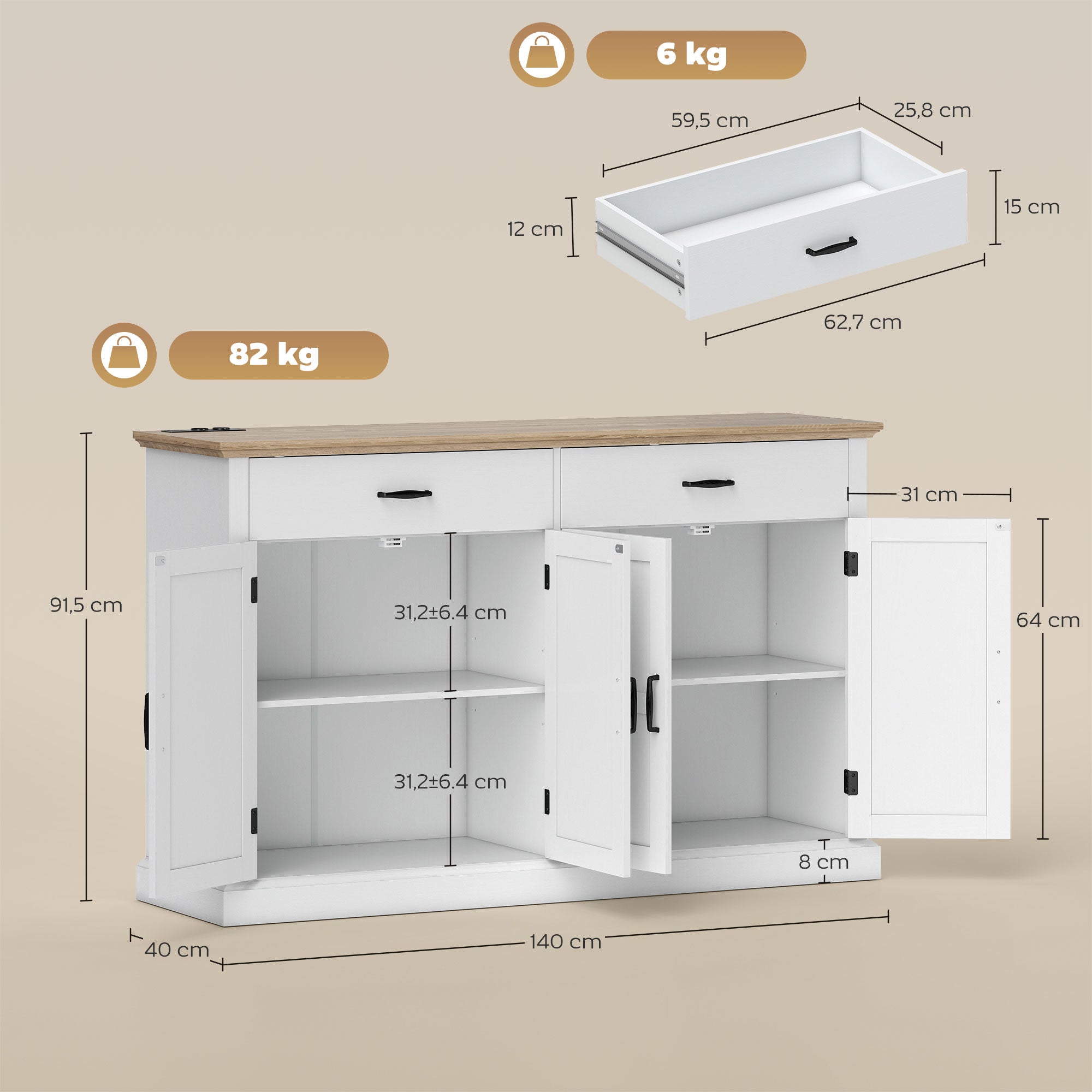 Buffet avec port USB et multiprise meuble TV avec 2 placards à portes de grange, 2 tiroirs et étagères réglables, blanc