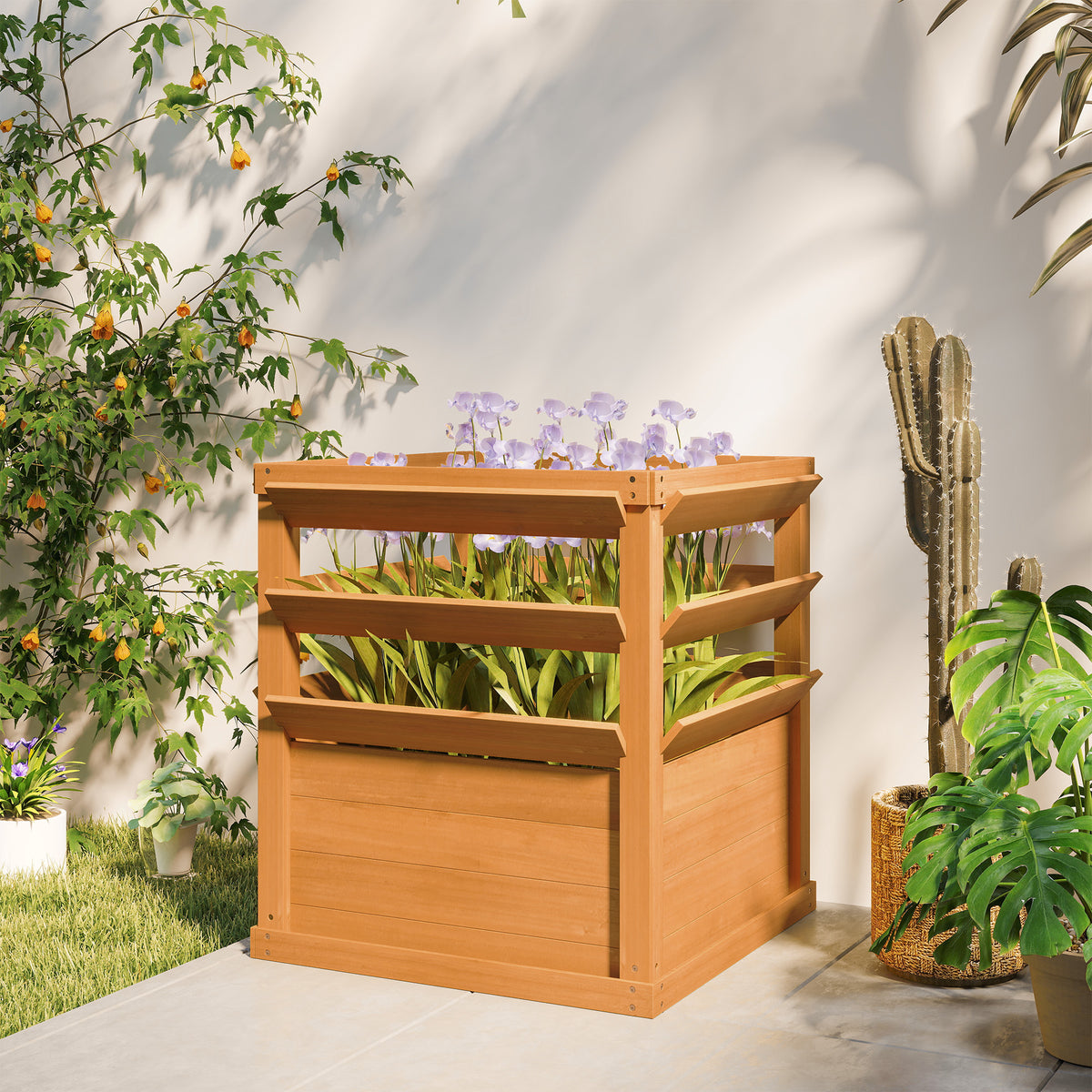 Jardinière avec treillis, lit surélevé de jardin fond ouvert, bac à fleurs en bois 65 x 65 x 73 cm, marron clair