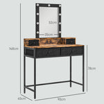 Coiffeuse table de maquillage miroir LED réglable intégré - pied en métal noir - 4 tiroirs en tissu - Aspect bois foncé