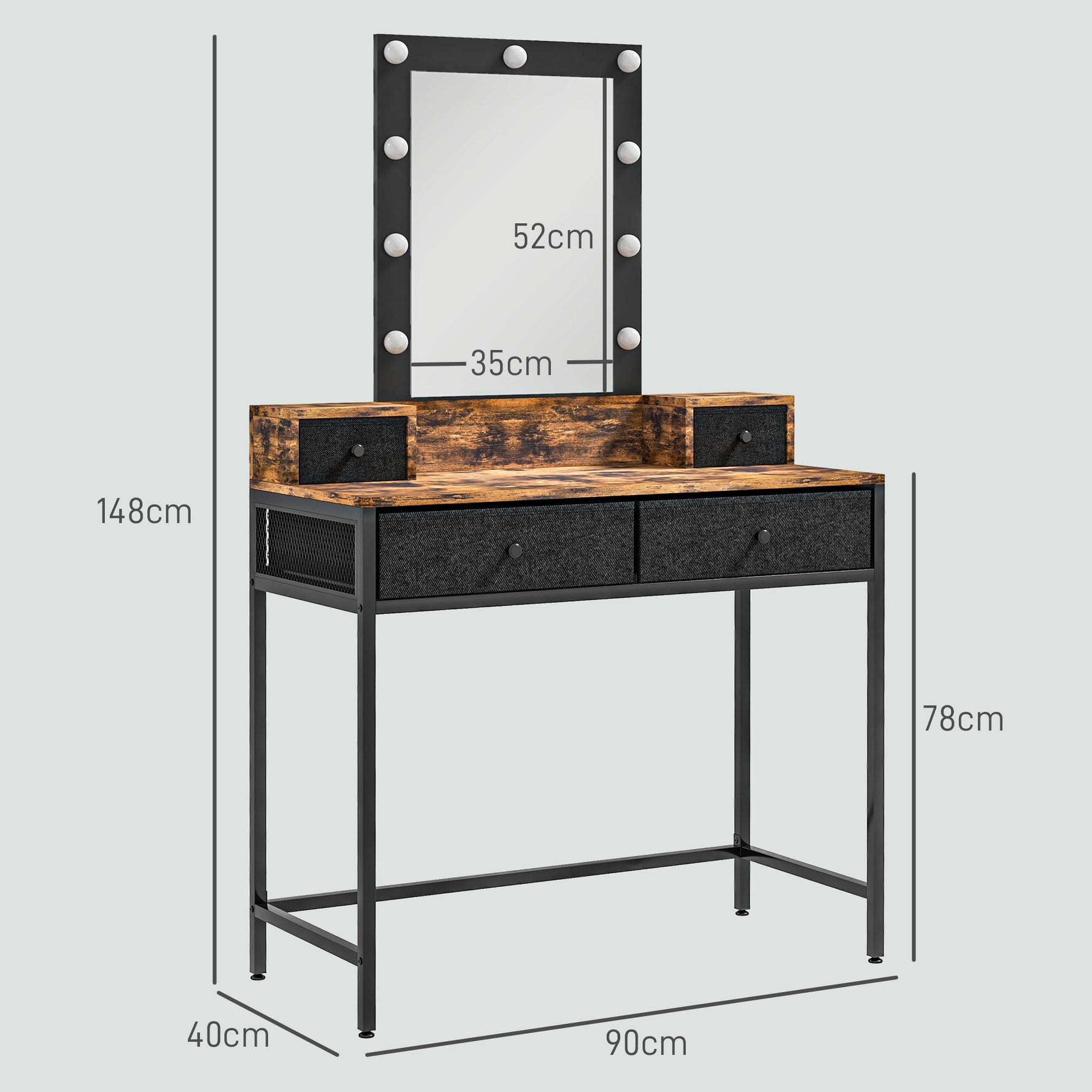 Coiffeuse table de maquillage miroir LED réglable intégré - pied en métal noir - 4 tiroirs en tissu - Aspect bois foncé