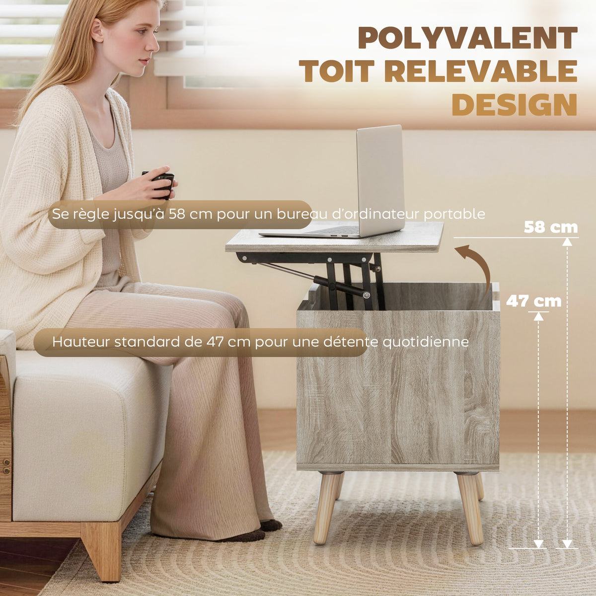 Mesa de centro elevable, mesa de salón con compartimento oculto y estantes abiertos, 75 x 40 x 58 cm, madera natural