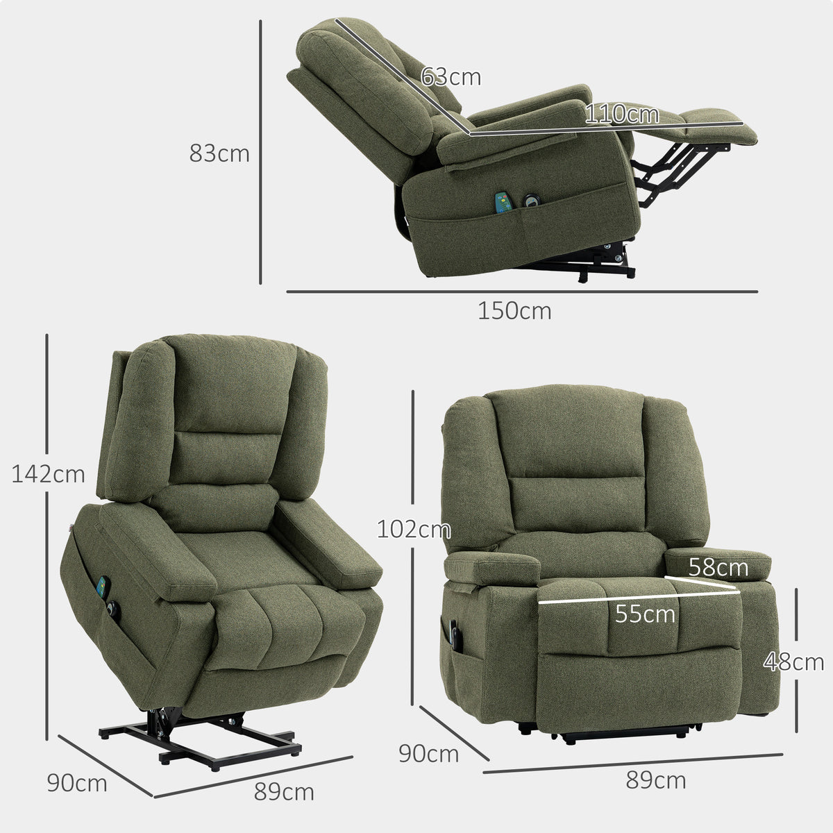 Fauteuil releveur relax électrique, fonction massage et chaleur, inclinaison réglable, repose-pied, télécommandes, vert