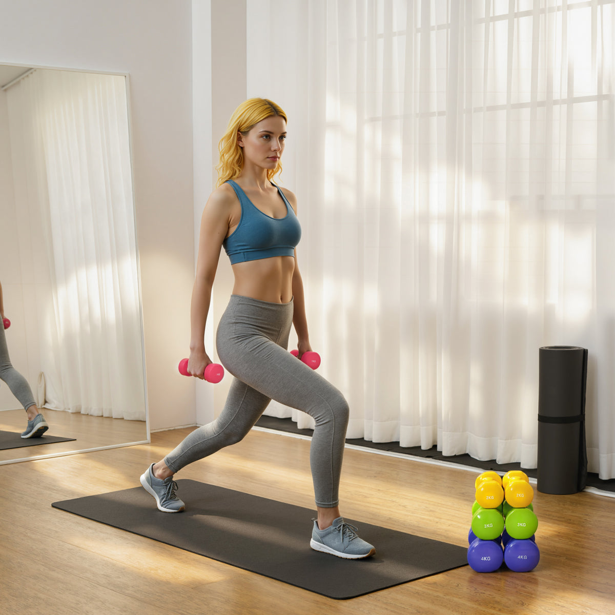 Set van zeshoekige dumbbells totaal 20 kg, set van 8 korte fitness-dumbbells met veelkleurige polyurethaan coating