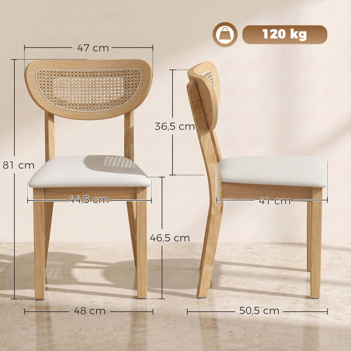 Juego de 2 sillas de comedor, sillas de cocina tapizadas en lino, respaldo con efecto ratán y patas de madera de caucho, beige