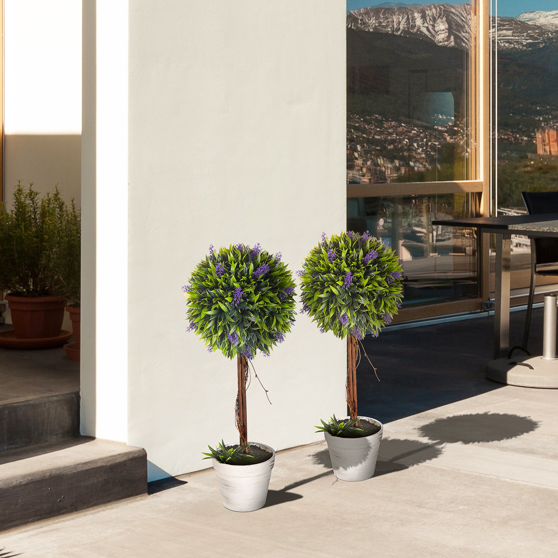 Lot de 2 plantes Artificielles avec fleurs de lavande, tronc et pot inclus - hauteur 60 cm vert