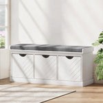 Banc chaussures entrée, banc de rangement avec 3 tiroirs amovibles et coussin rembourré en tissu aspect lin, blanc