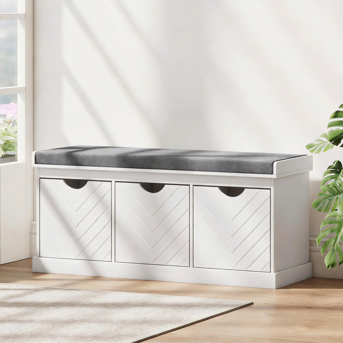 Banc chaussures entrée, banc de rangement avec 3 tiroirs amovibles et coussin rembourré en tissu aspect lin, blanc
