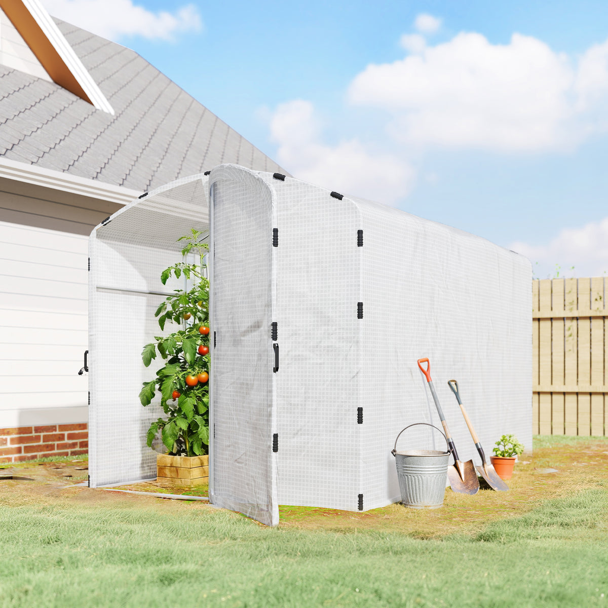 Serre tunnel de jardin 6m², serre de jardin tunnel 300x200x195cm bâche PE 220g/m² bords prolongés 50 cm avec porte blanc