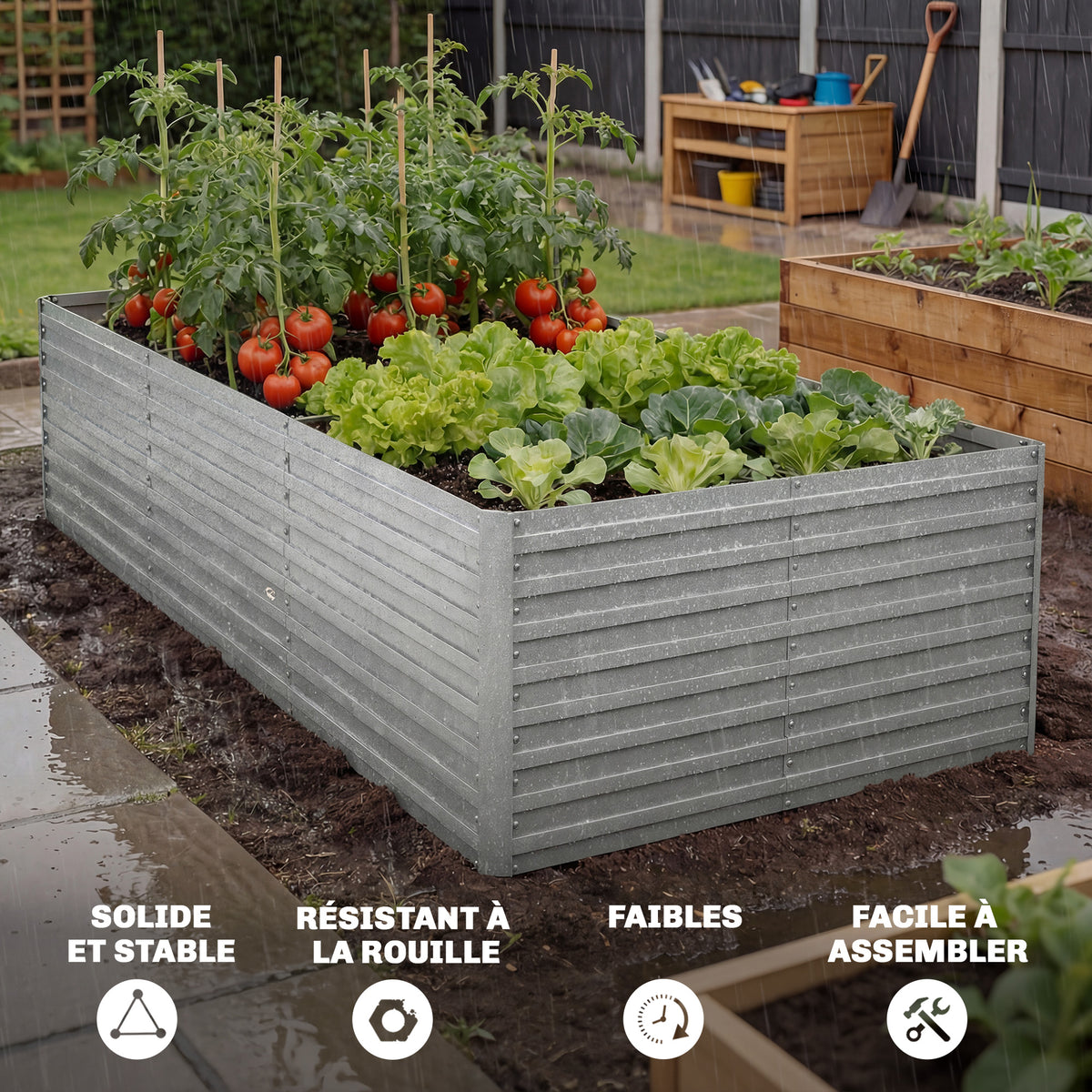 Jardinière extérieure, jardinière surélevée galvanisée bordure de sécurité et fond ouvert 240 x 120 x 60 cm gris argenté