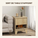 Lot de 2 tables de chevet étroite, table d'appoint compartiment ouvert 1 tiroir, panneaux cannelés 43x40x55cm naturel
