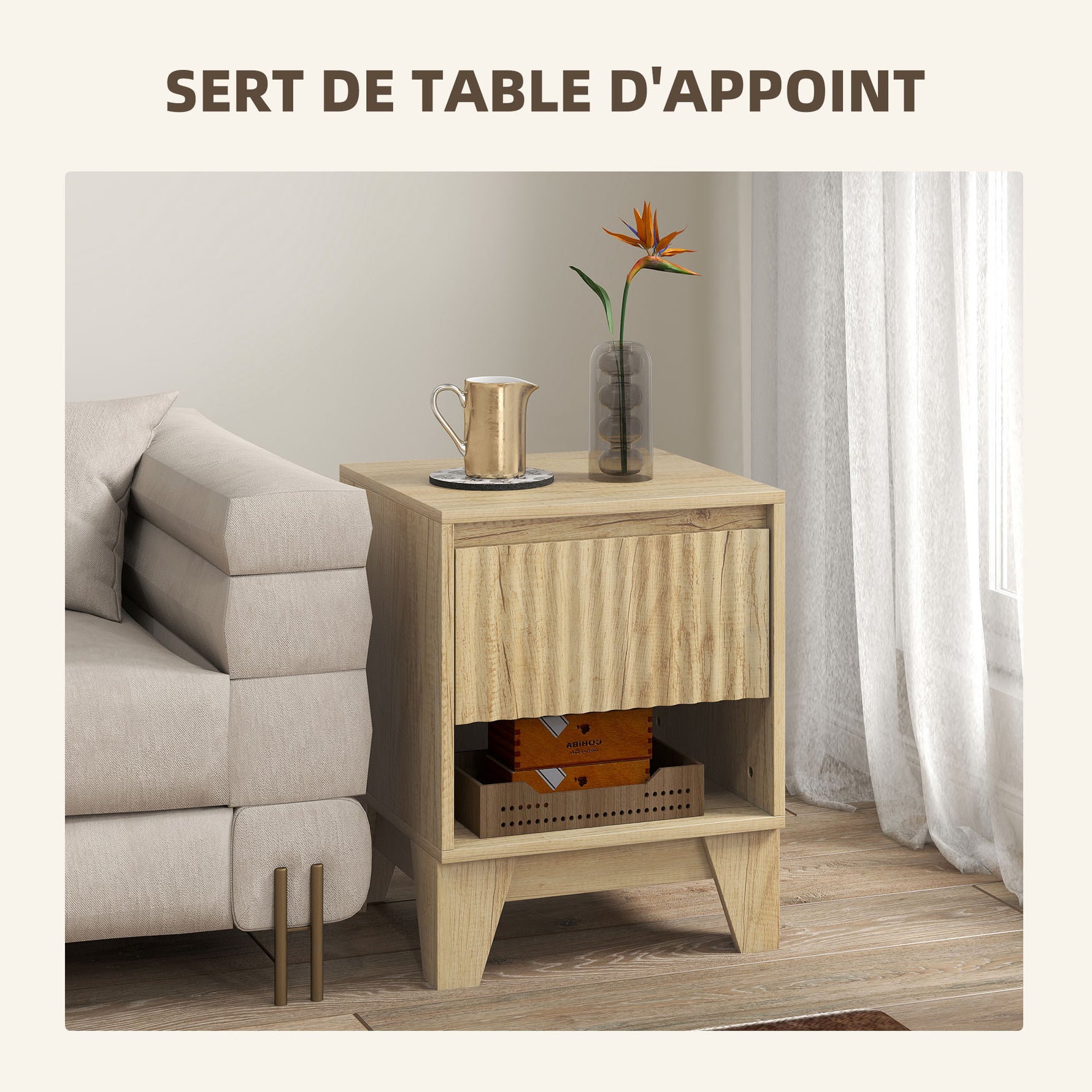 Lot de 2 tables de chevet étroite, table d'appoint compartiment ouvert 1 tiroir, panneaux cannelés 43x40x55cm naturel