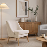 Fauteuil Scandinave Confortable pour Salon et Chambre, Pieds en Bois Massif, Revêtement en Tissu Lin, Beige